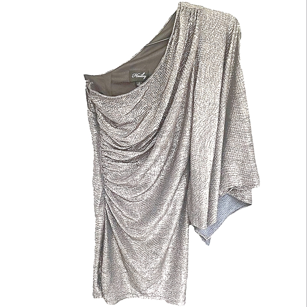 Nwot Hailey by Adrianna Papell Silver Metalic One Shoulder Knit Cocktail…